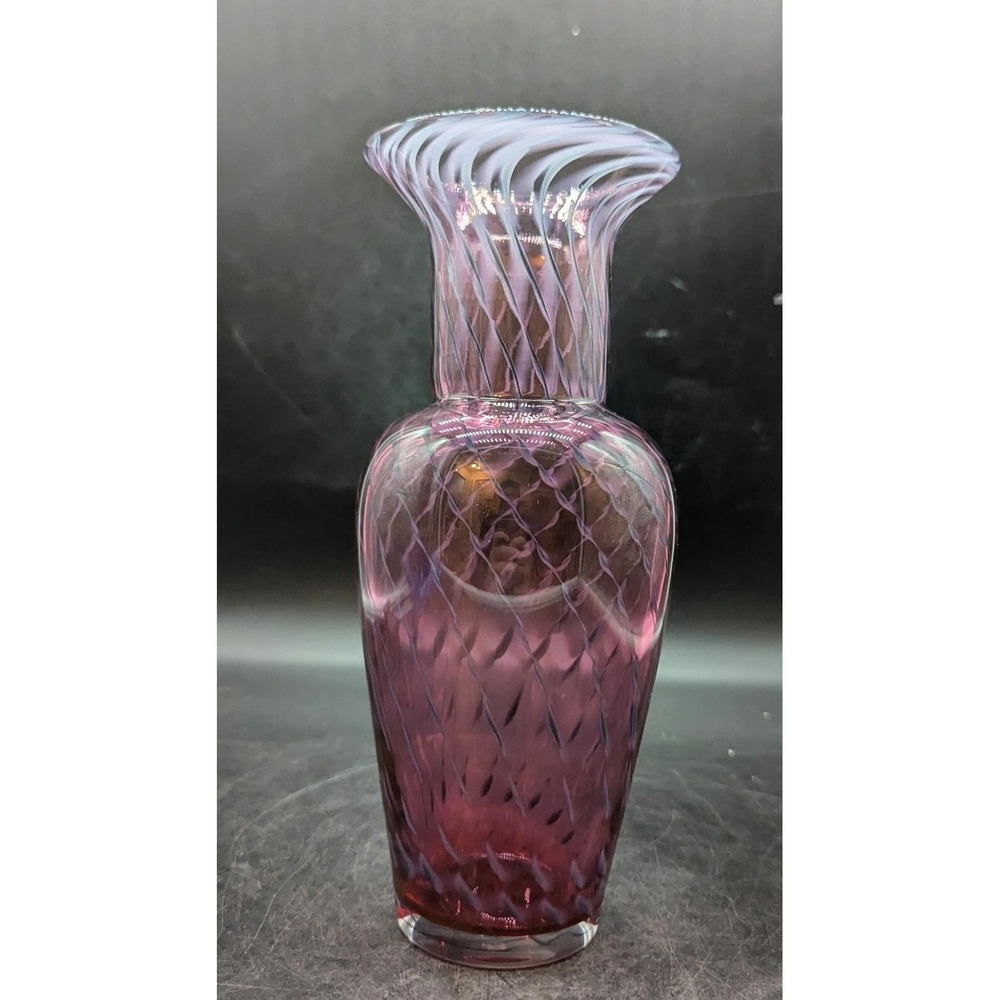 Vintage North River Glass Studio Striped Cranberry Vase 9.5"" Signed Handmade